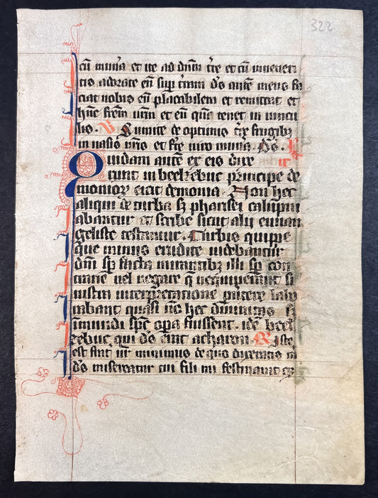 Early French Breviary c.1300 14th century leaf with decorative border on vellum