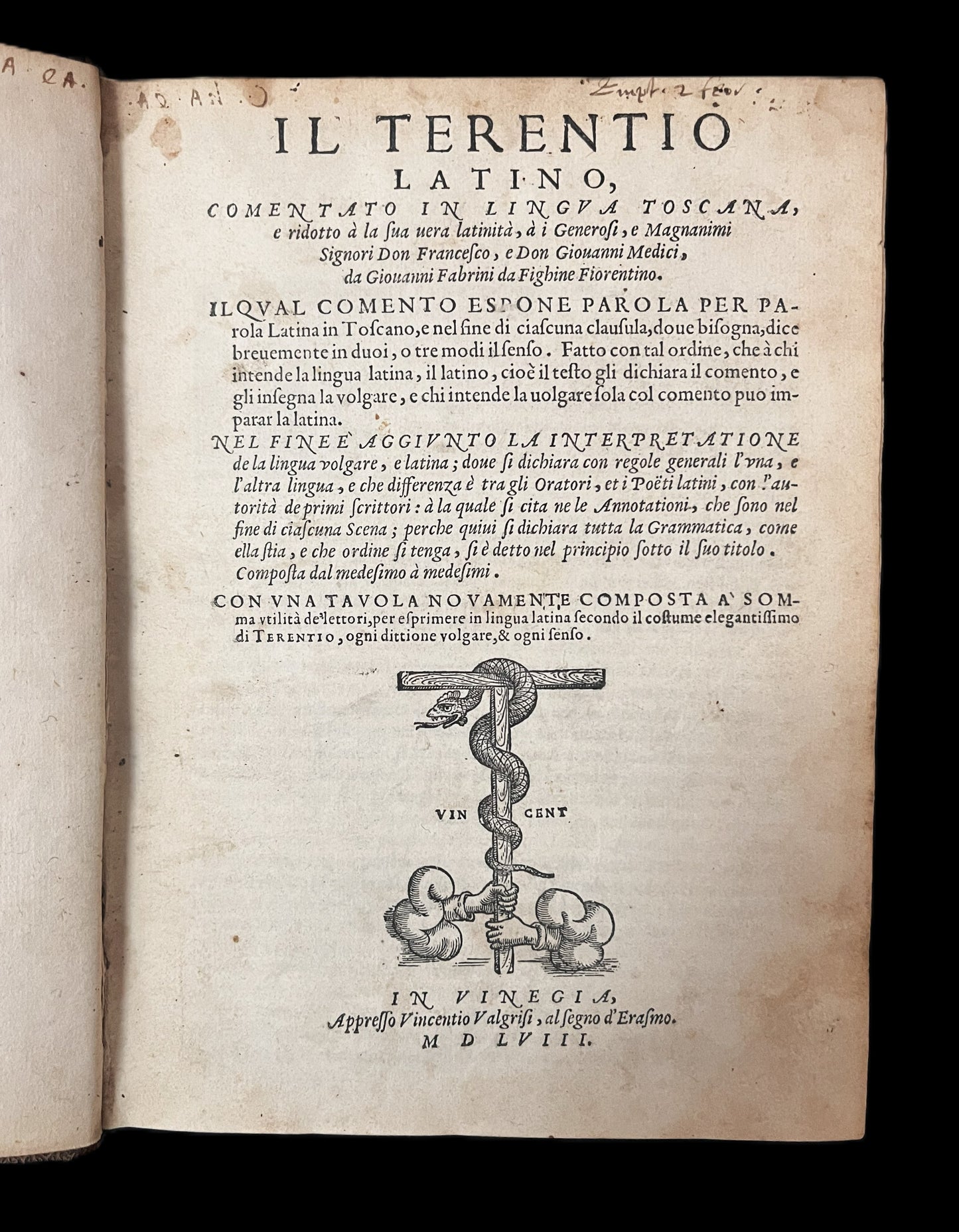 Il Terentio Latino, Comentatio in Lingua Toscana 1558